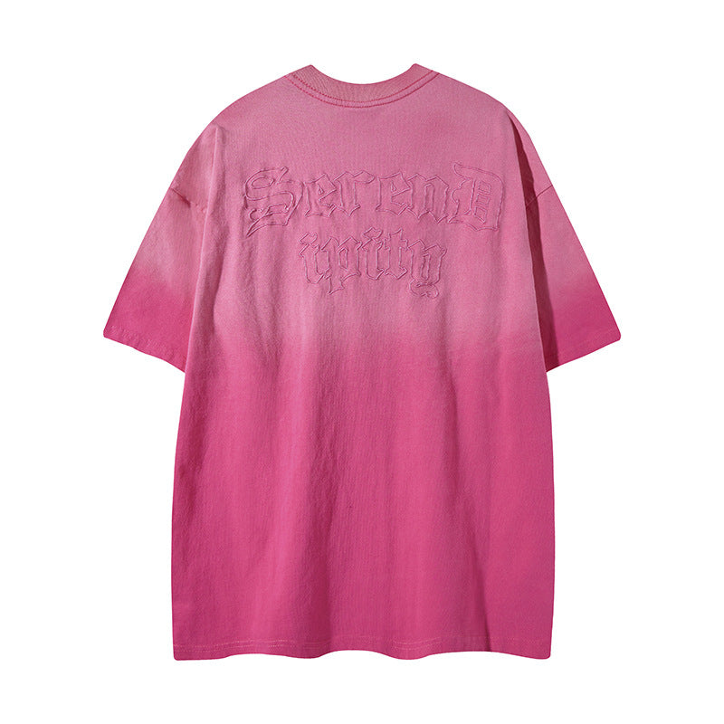 Distorted vintage gradual change embroidered short-sleeved t-shirt summer loose casual top
