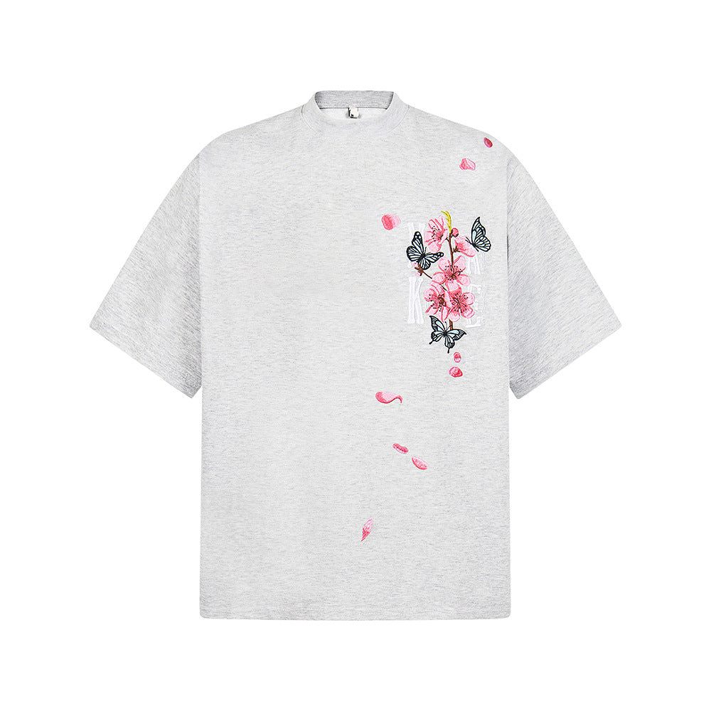 Hip Hop Clothes New York Vintage Embroidered Floral Summer Short Sleeve T-Shirt