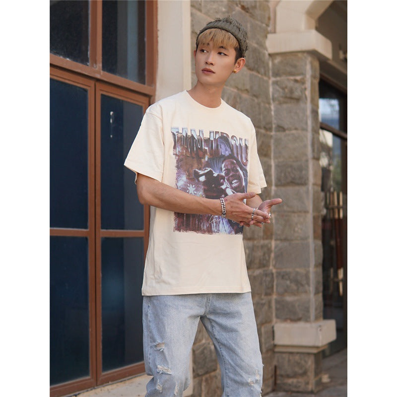 Film Star T Shirt Cotton Short Sleeve Loose round Neck Retro T-shirt for Men