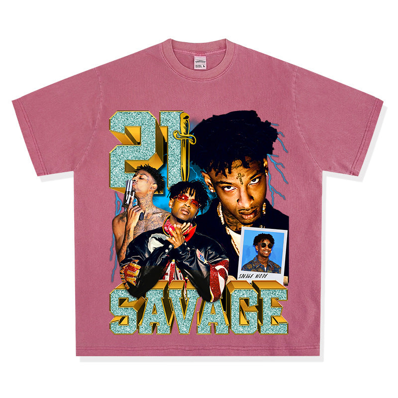 Streetwear masculino hip hop 21 savage print vintage hiphop short sleeve t-shirt