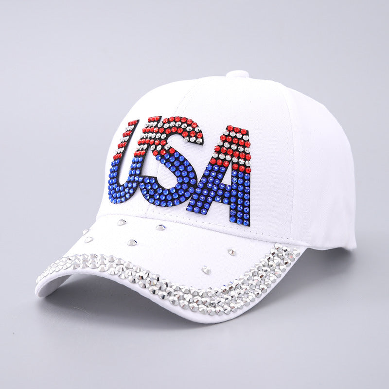 Vintage Usa Cap Baseball Cap Men's and Women's Rhinestone Curved Eaves