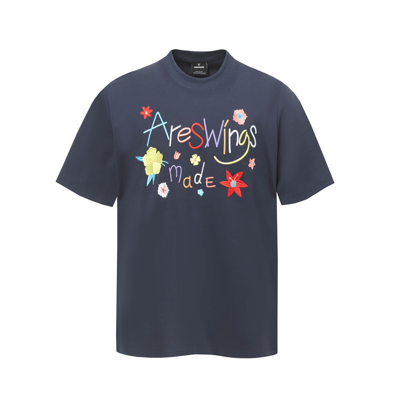 Hip Hop Shirts For Boys Vintage Alphabet Print Flower Short Sleeve T-Shirt Crew Neck Top