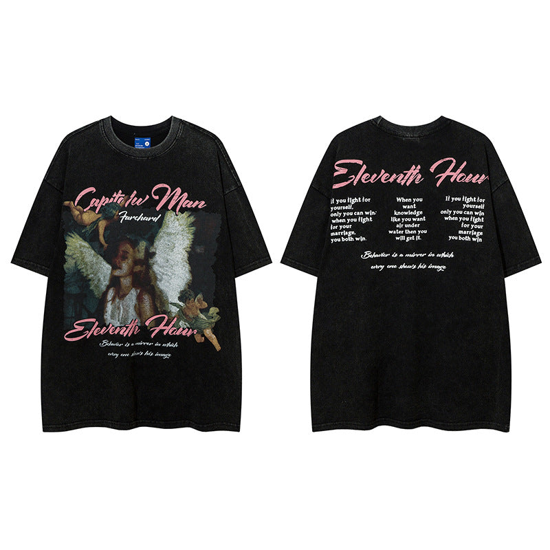 Vintage T Shirts Hip Hop Angel Print Washing Water Old Short Sleeve T-Shirt