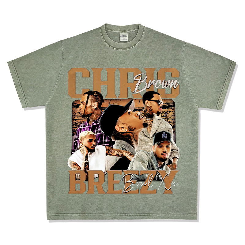 Streetwear masculino vintage hip hop Chris Brown print short-sleeved t-shirt