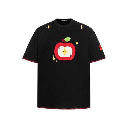 Hip Hop Clothes New York Vintage Embroidered Short Sleeve T-Shirt Crew Neck Apple Pattern Top