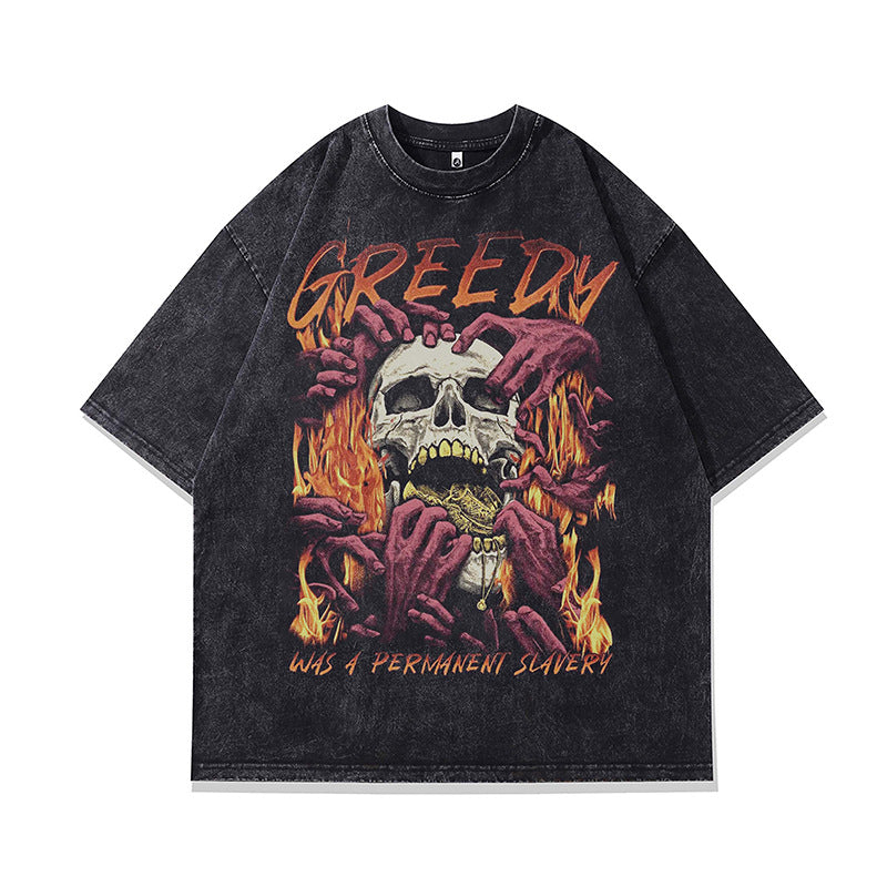 Ropa Vintage Hombre Vintage Skull Flame Graffiti Old Wash Short Sleeve T-Shirt