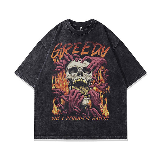 Ropa Vintage Hombre Vintage Skull Flame Graffiti Old Wash Short Sleeve T-Shirt