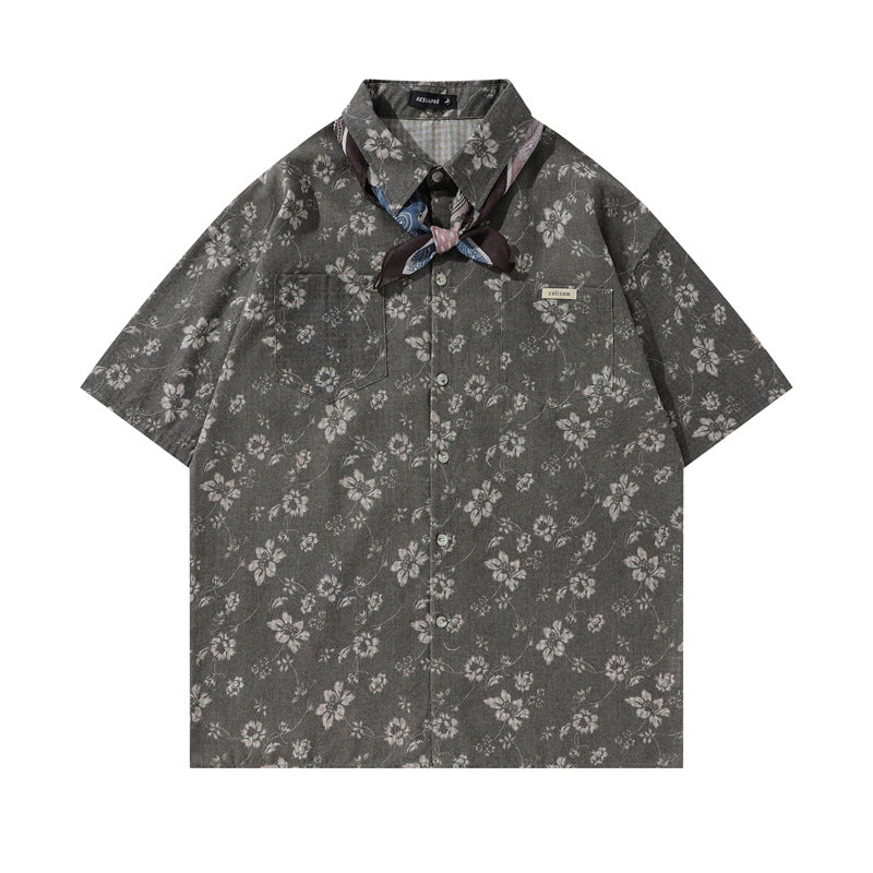 Y2K mens shirt retro loose shirt pleated floral men's casual short-sleeved tie shirt
