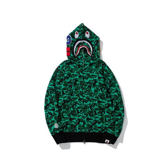 Ape Hoodie Shark Dark Green Camo Fleece Hooded Cardigan Sweater Jacket