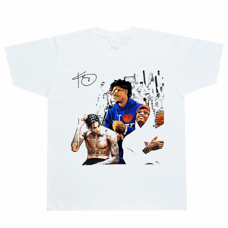 Film Star T Shirt Kelly Oubre Printed T-shirt Short Sleeve Loose Retro Pure Cotton Washed Distressed