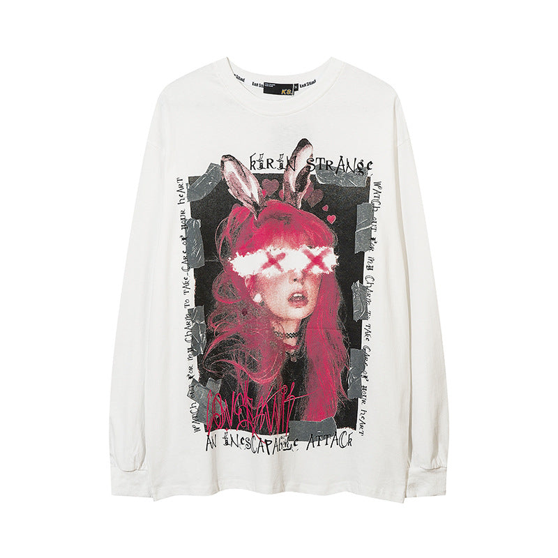 Vintage T Shirts Hip Hop Cartoon Print Long Sleeve T-Shirt