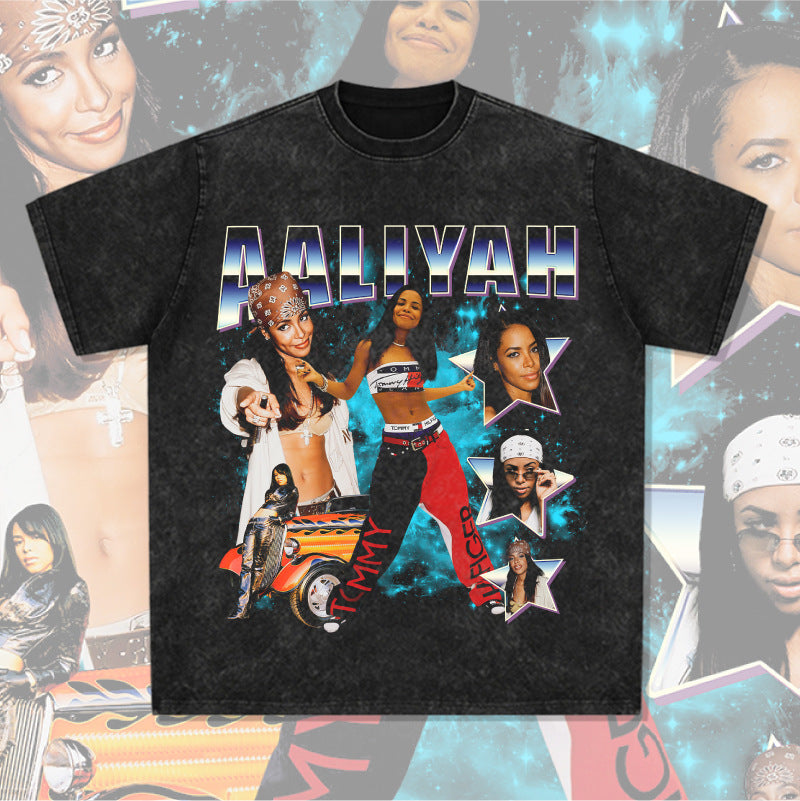 Streetwear masculino vintage hip hop rap Aaliyah print short sleeve t-shirt