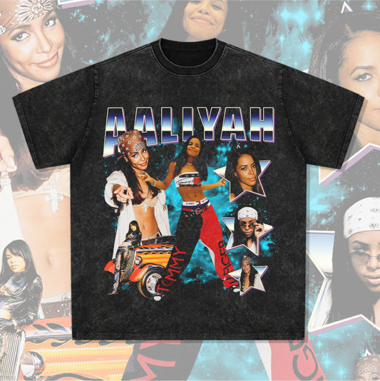 Streetwear masculino vintage hip hop rap Aaliyah print short sleeve t-shirt