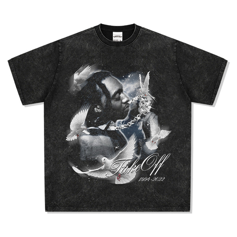 Cool t rapper rap takeoff print hip hop short sleeve retro wash do old t-shirt