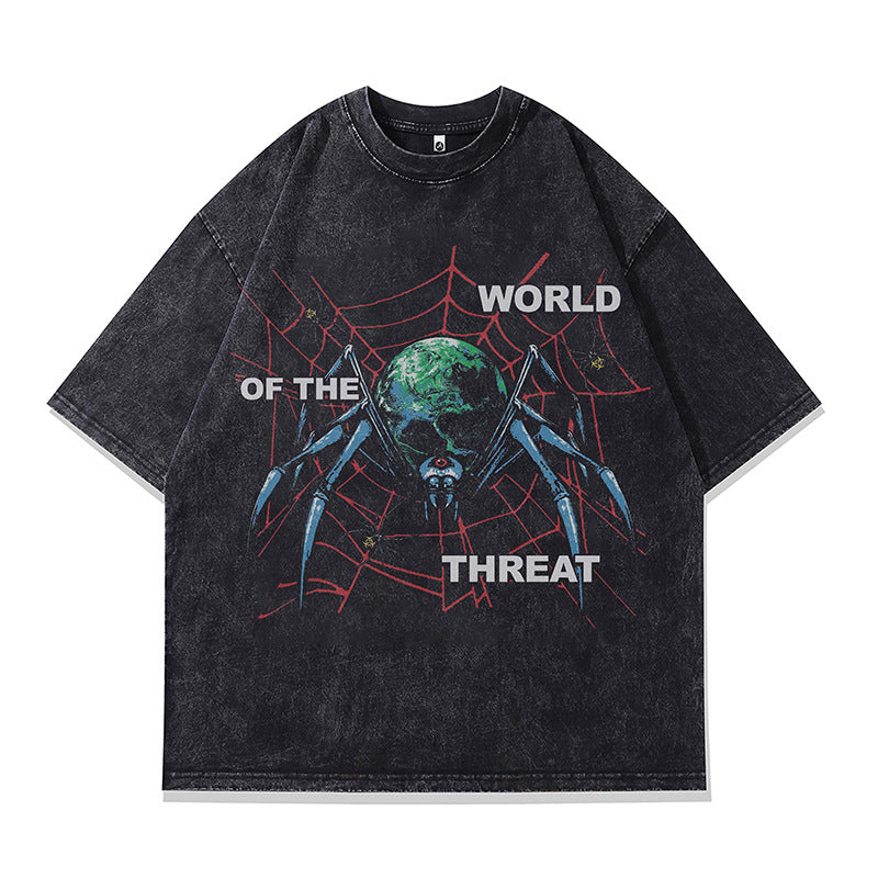 Ropa Vintage Hombre Spider Print Wash Short Sleeve T-Shirt