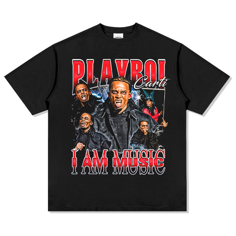 Outfit streetwear retro hip hop Playbois Carti print short sleeve t-shirt