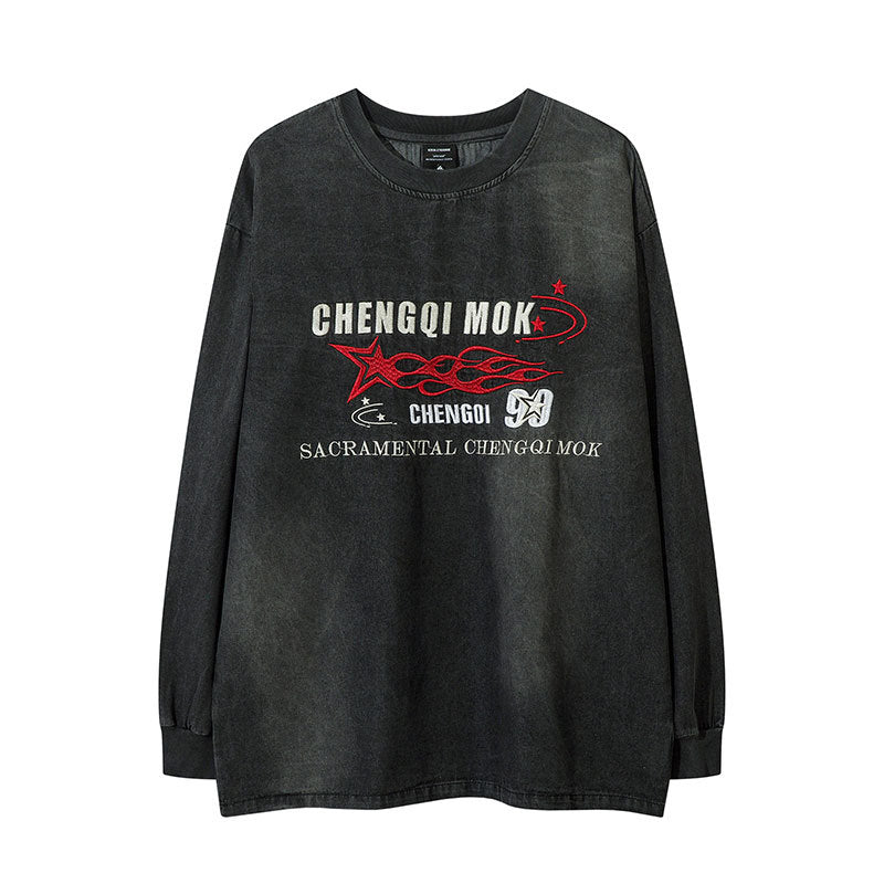Marcas De Streetwear Letter Embroidered Loose Denim Long Sleeve T-Shirt