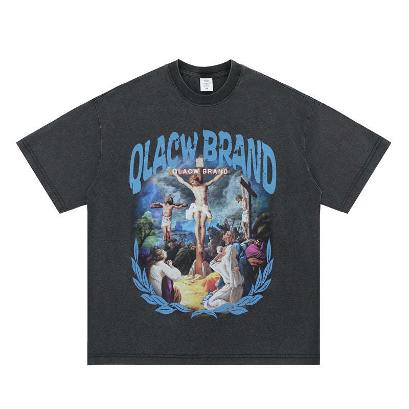 Vintage College Shirts Summer Religion Oil Painting Print Crew Neck Short Sleeve T-Shirt