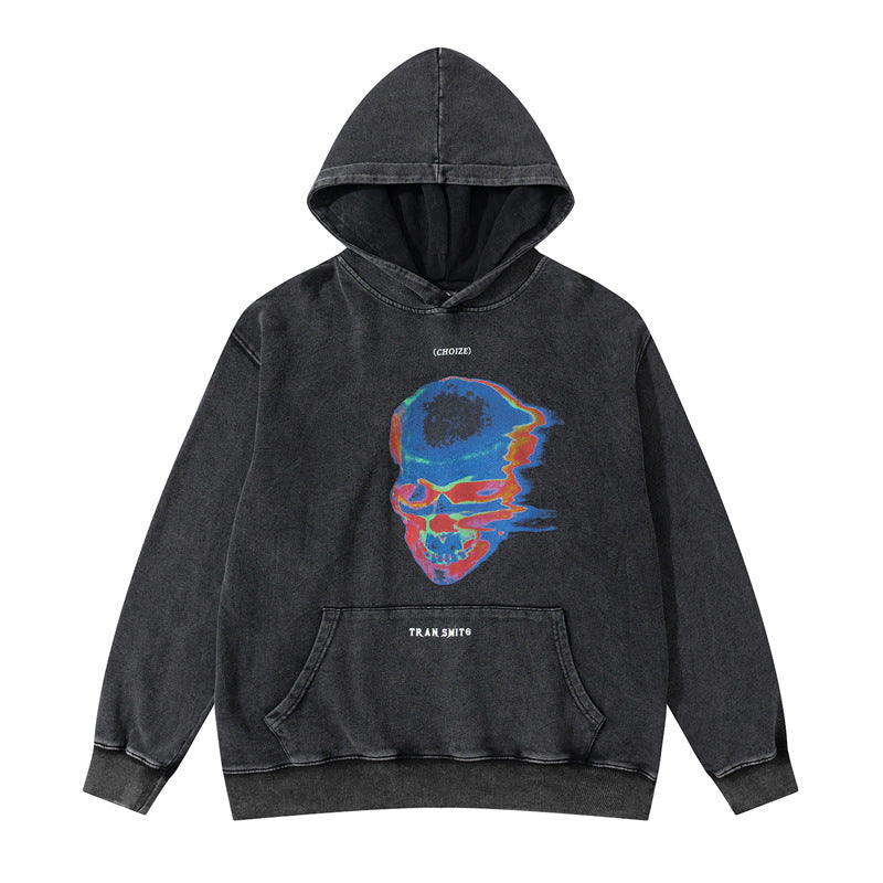 Streetwear Hoodie Hip Hop Skull Print Hooded Sweater Washed Old Loose Hoodie