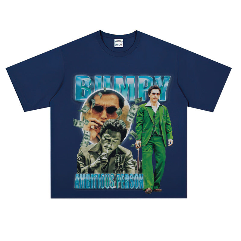 Film Star T Shirt Loose Heavy Retro Street Cotton Small Neckline T-shirt for Men and Women