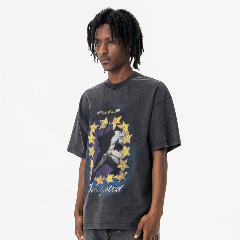 Vintage College Shirts Summer Hip Hop Wash Short Sleeve T-Shirt