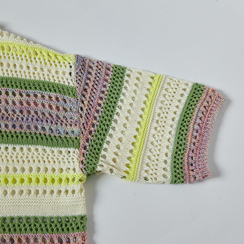 Camisas Retros retro stripes gradual change color spring and summer hollow knit sweater