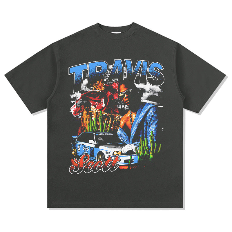 Outfit streetwear vintage hip hop TS scott print short sleeve t-shirt