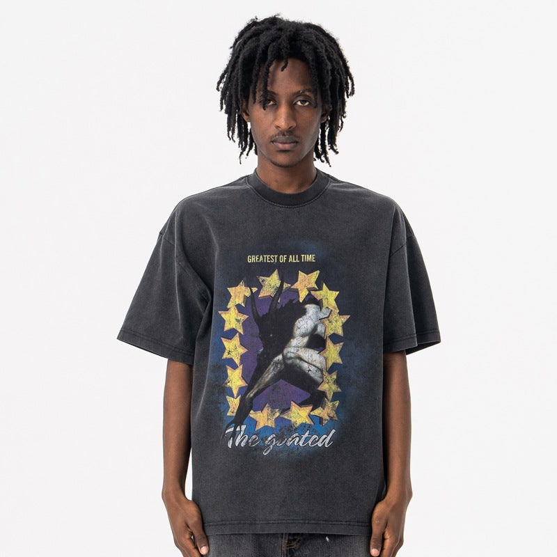 Vintage College Shirts Summer Hip Hop Wash Short Sleeve T-Shirt