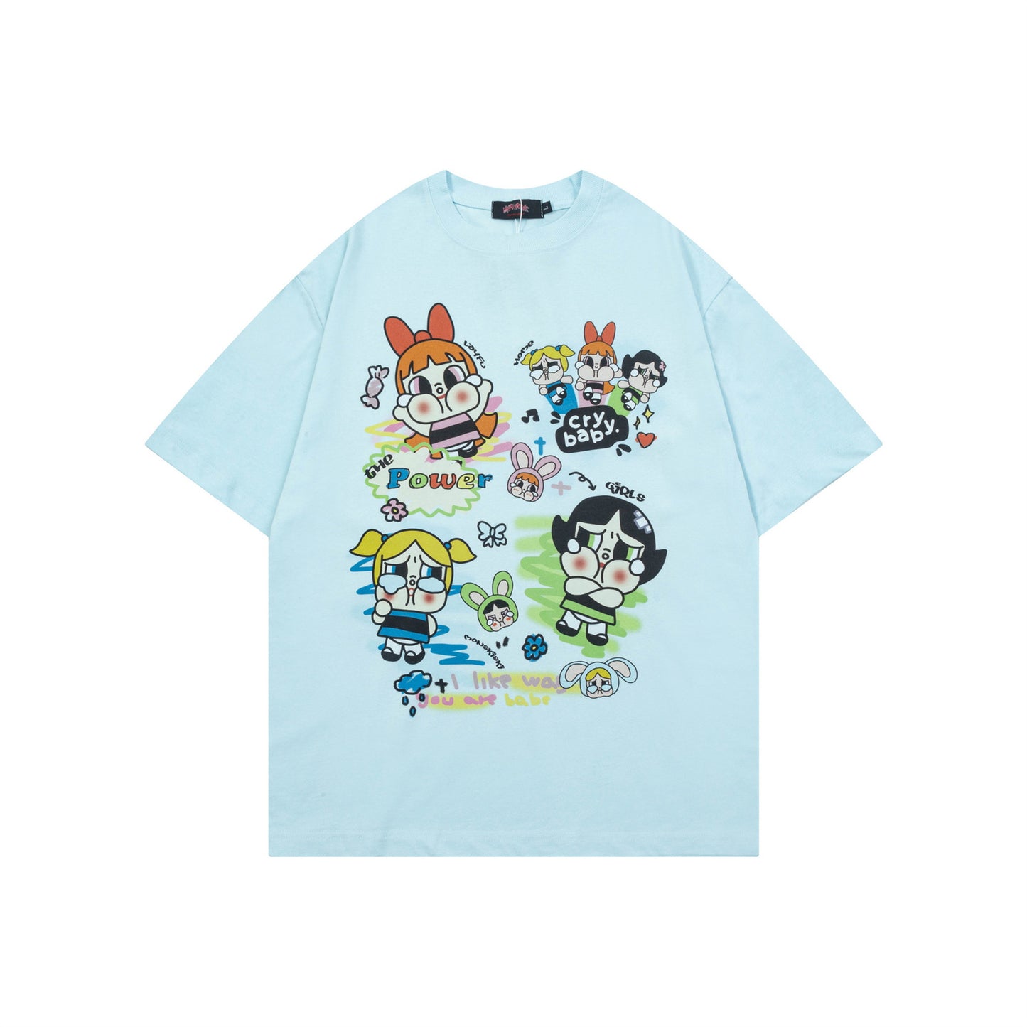 Distorted vintage cartoon flying policewoman print short sleeve t-shirt
