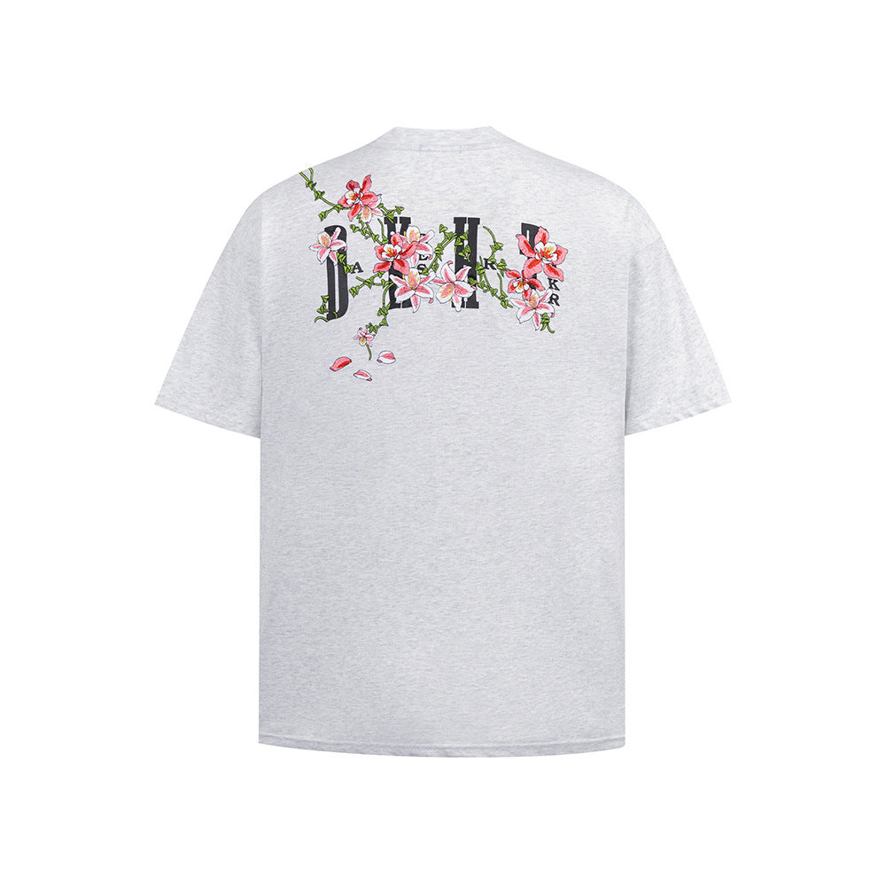 Hip Hop Clothes New York Vintage Floral Embroidery Short Sleeve T-Shirt
