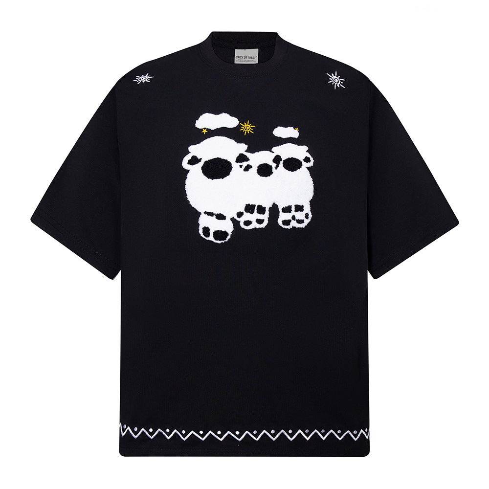 New York Hip Hop Style Vintage Lamb Embroidered Short Sleeve T-Shirt Summer Oversize Casual Top