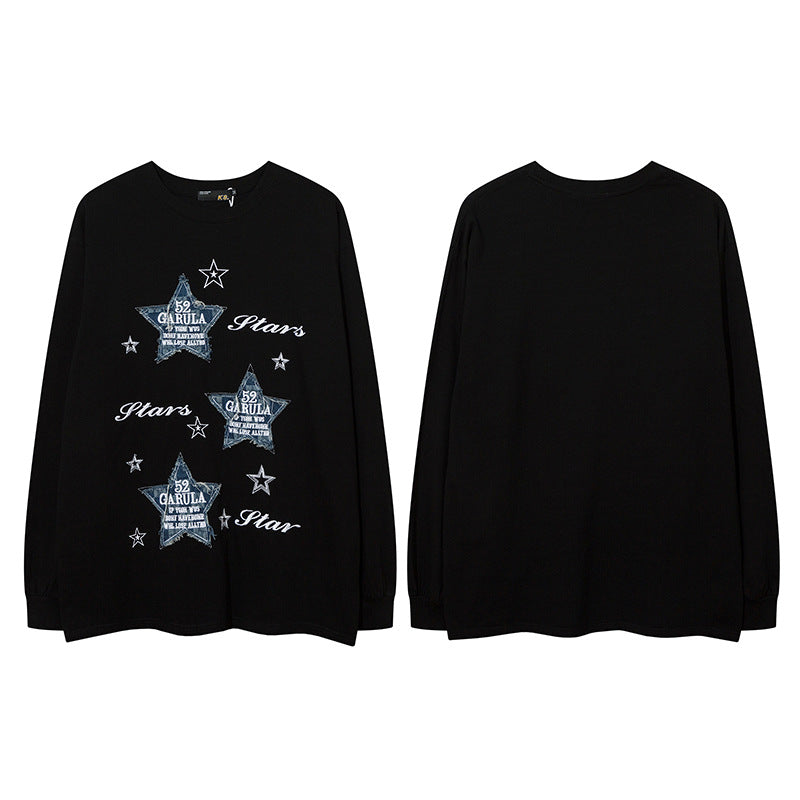 Vintage T Shirts Hip Hop Star Denim Patch Embroidered Long Sleeve T-Shirt