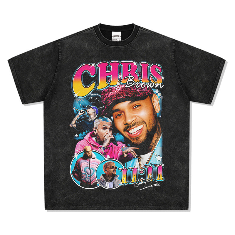 Streetwear masculino vintage Chris Brown print short sleeve t-shirt vintage