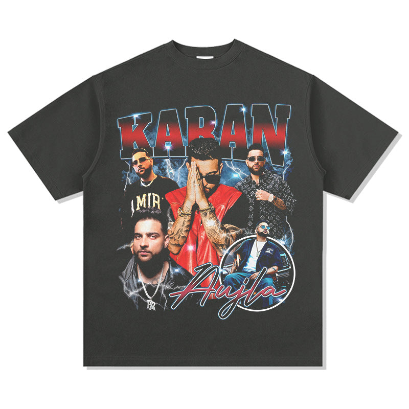 Outfit streetwear vintage hip hop Karan Aujla print short sleeve t-shirt
