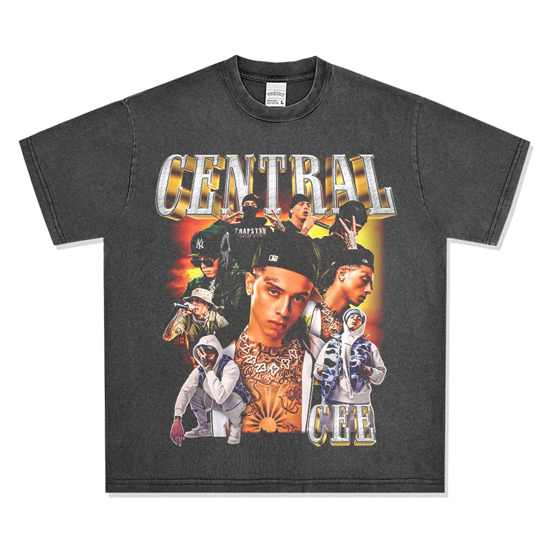 Streetwear masculino vintage hip hop central cee jinchi print short sleeve t-shirt