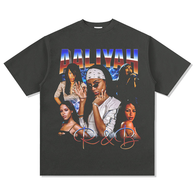 Streetwear masculino vintage hip hop Aaliyah print short sleeve t-shirt