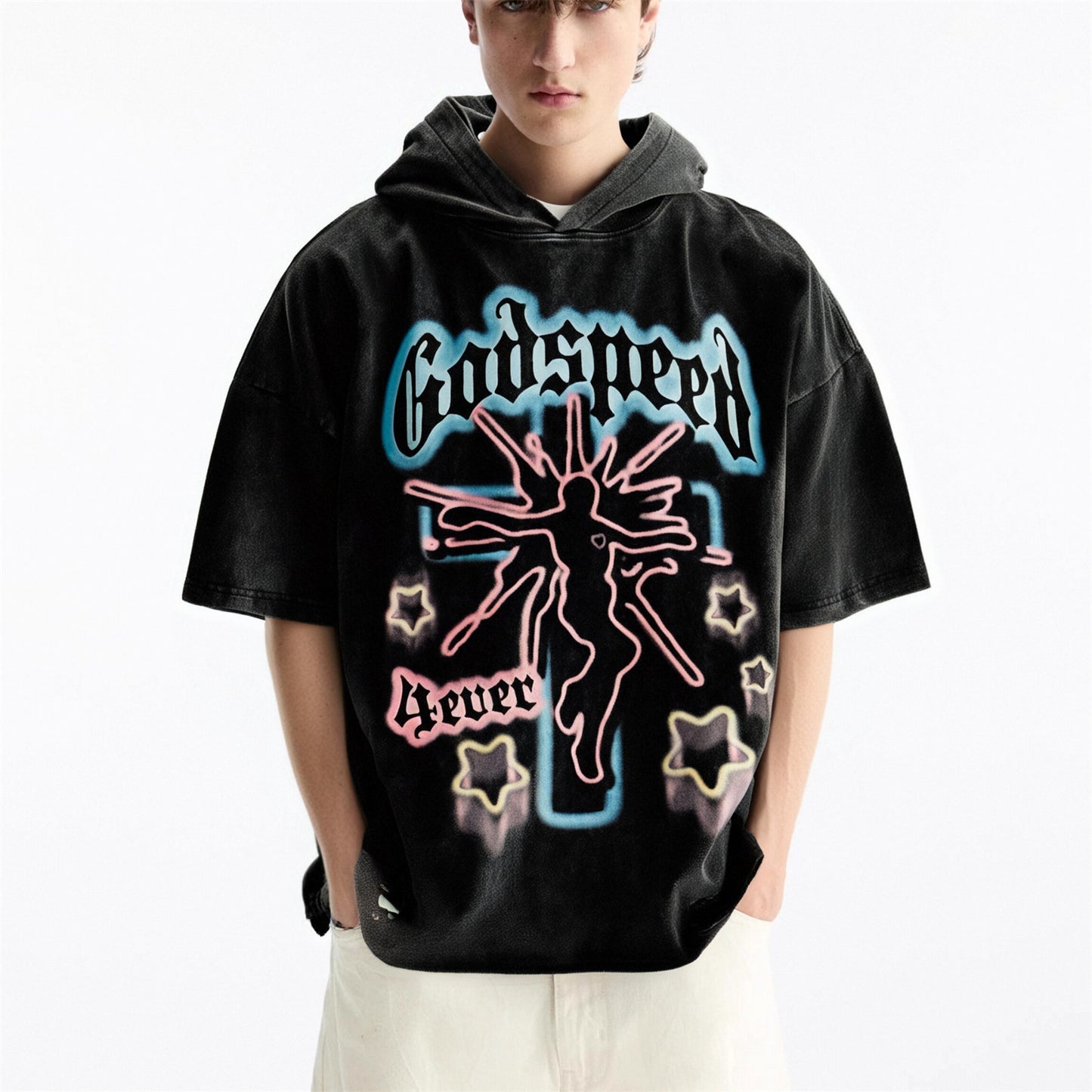 Distorted vintage made old hooded t-shirt loose short sleeve top summer