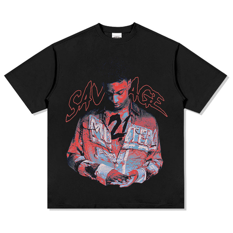 Outfit streetwear vintage hip hop 21 SAVAGE print short sleeve t-shirt