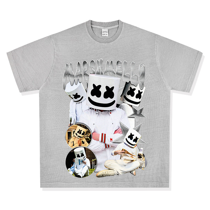 Streetwear masculin MARSHMELLO vintage hip hop rap print short sleeve t-shirt