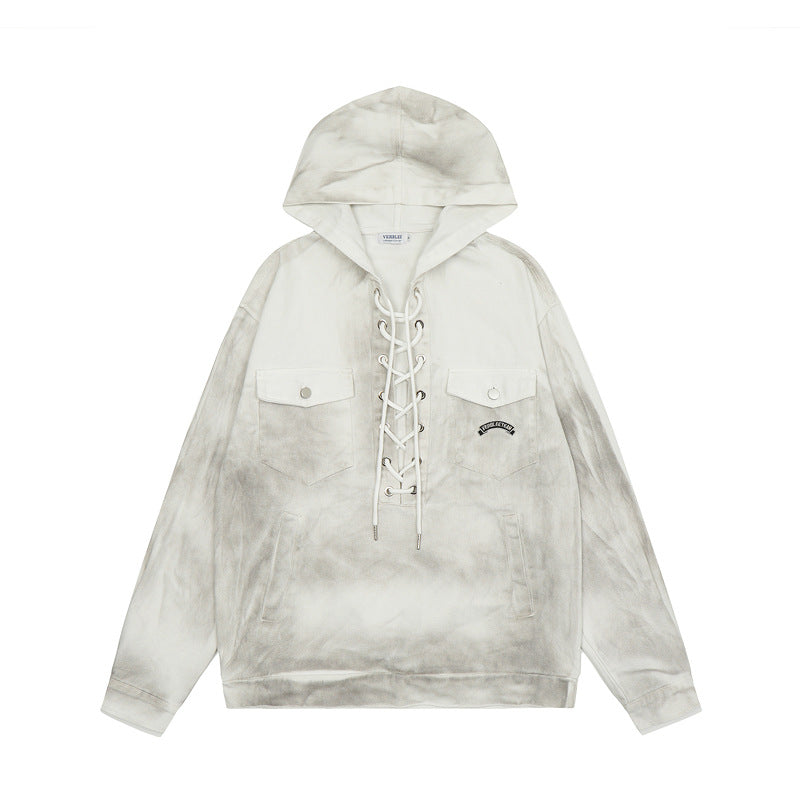Streetwear Hoodie Hooded Denim Sweater Vintage Washed Old Pullover