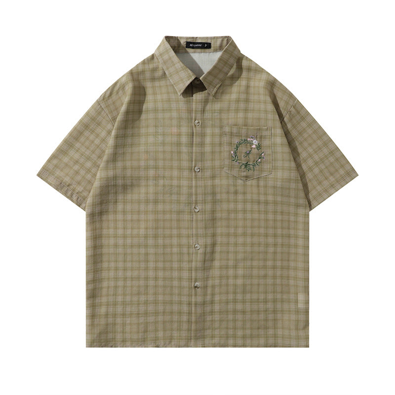 Y2K mens shirt retro plaid lapel loose casual short sleeves