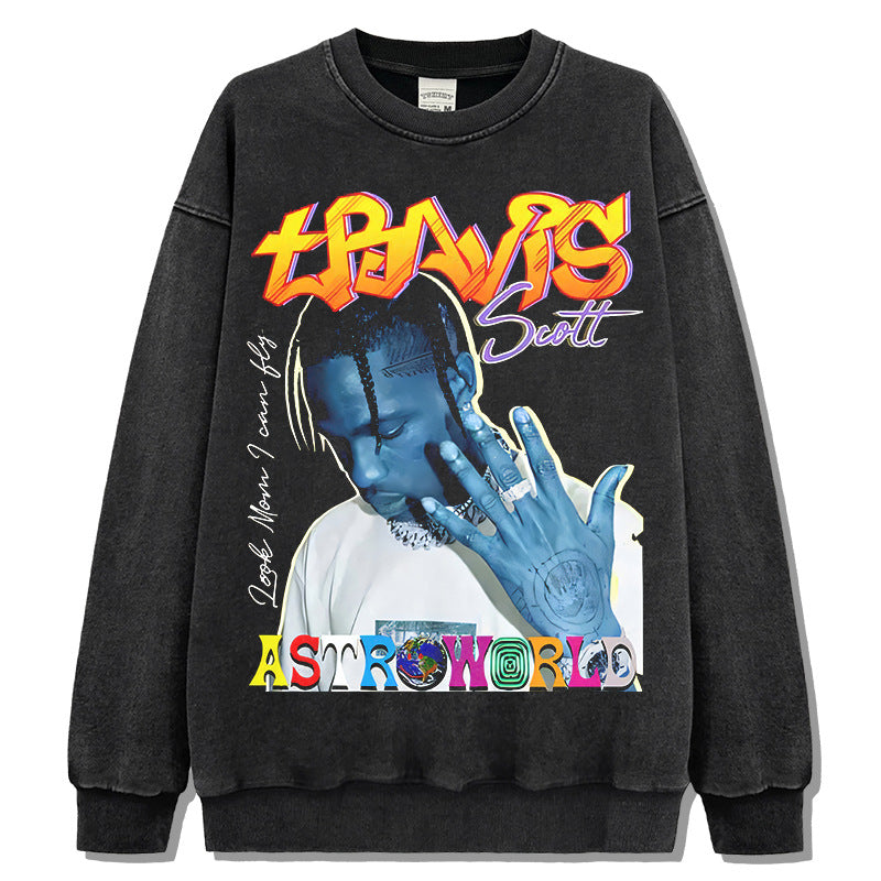Marcas streetwear usa TravisScott vintage print wash crew neck sweater