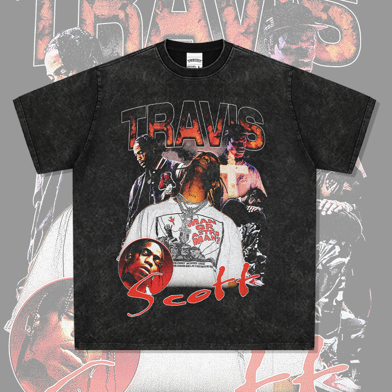Streetwear masculino TRAVIS SCOTT character print short sleeve VINTAGE hip hop rap t-shirt