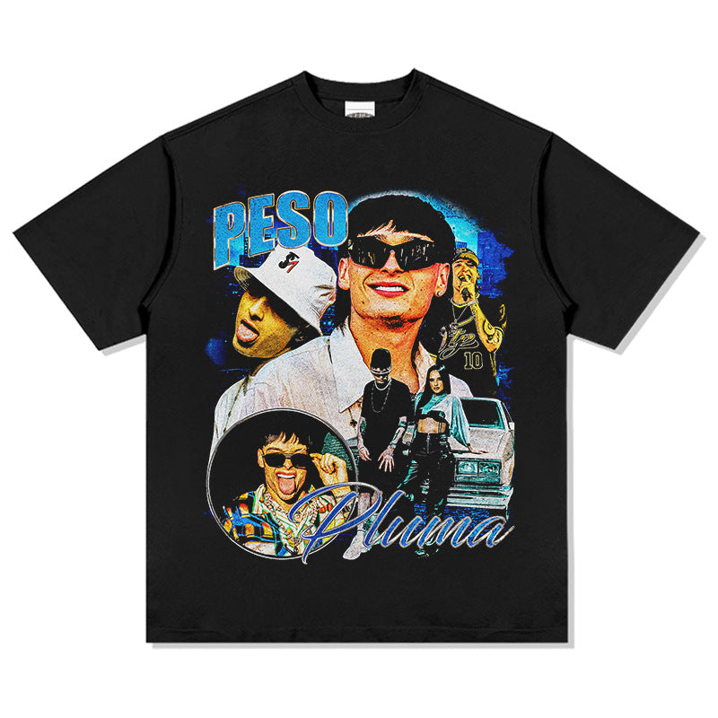 Outfit streetwear Vintage Hip Hop Peso Pluma Print Short Sleeve T-Shirt
