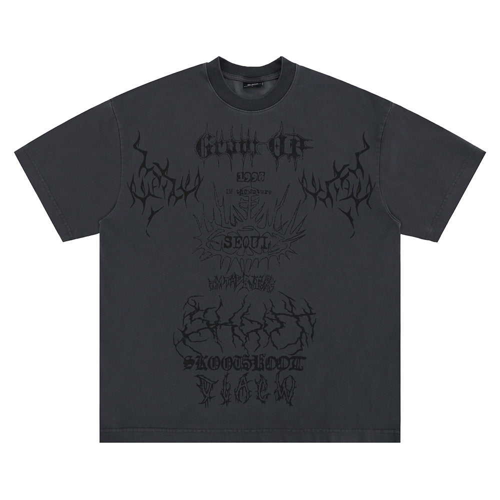 Vic Streetwear Summer Wash Graffiti Letter Print Casual Crew Neck Short Sleeve T-Shirt