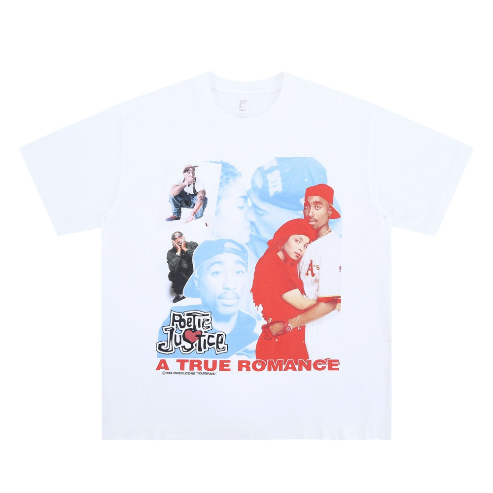 Vintage College Shirts Summer Hip Hop Portrait Letter Print Crew Neck Short Sleeve T-Shirt