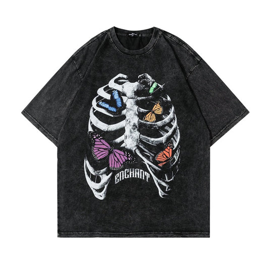 Hip Hop Clothing Summer Short Sleeve Hip Hop Wash T-Shirt Skull Skeleton Print