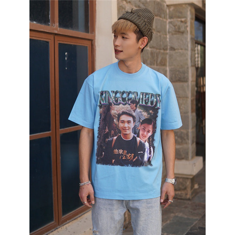 Film Star T Shirt Stephen Chow King of Comedy Cotton Short Sleeve Loose Retro T-shirt for Men