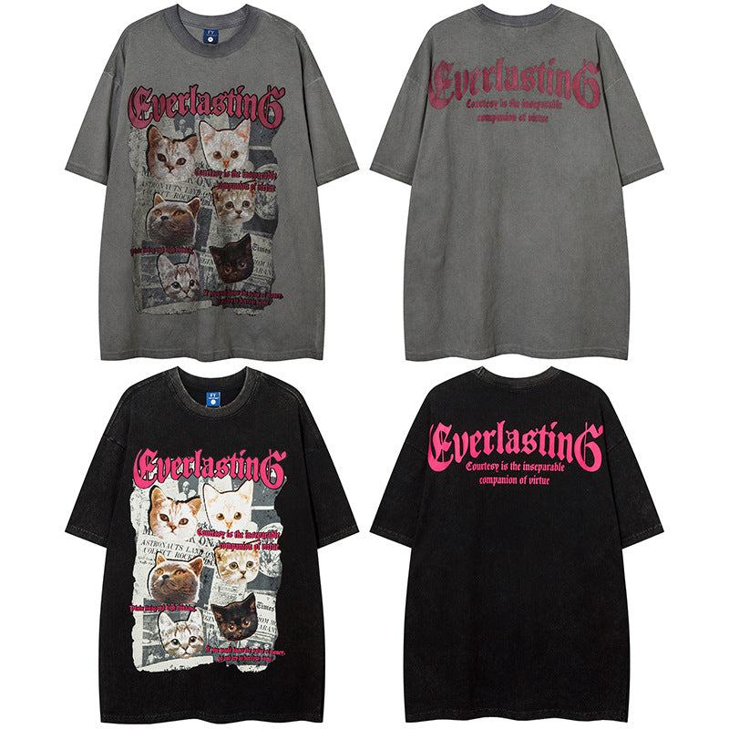 Vintage T Shirts Hip Hop Retro Pussy Washed Old Short Sleeve T-Shirt