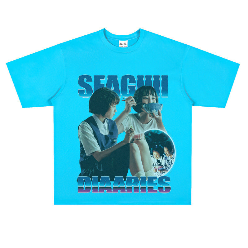 Film Star T Shirt Sea Street Diary Loose Retro Street Pure Cotton American T-shirt Men and Women